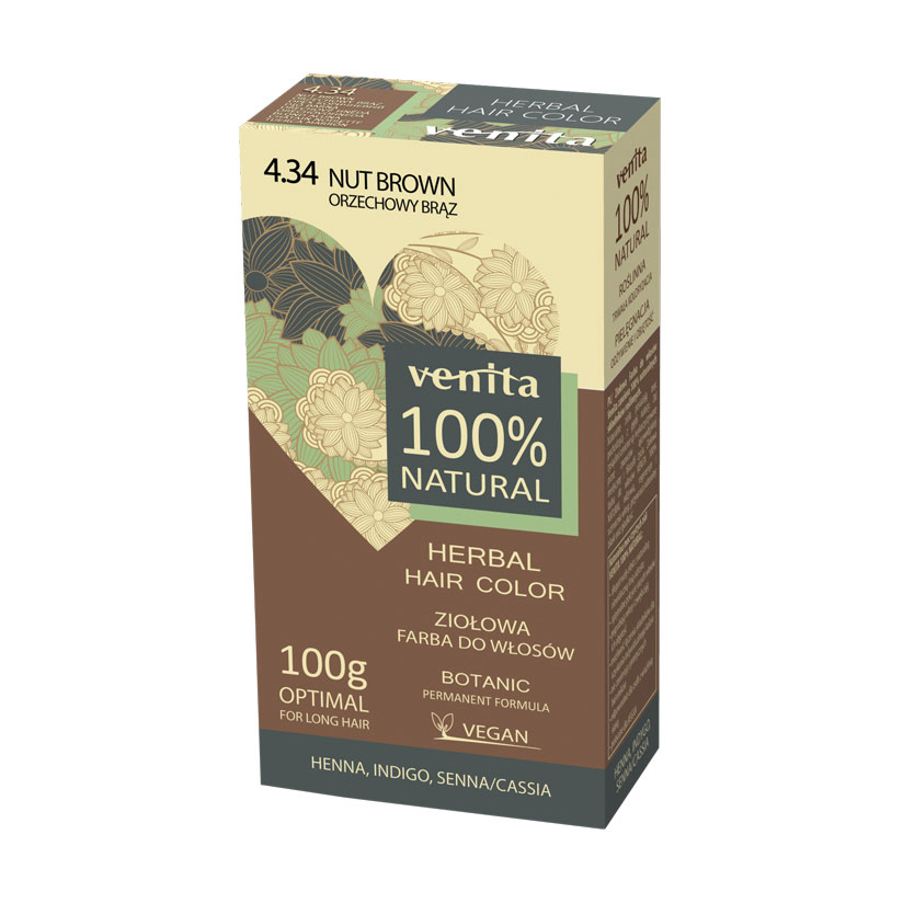 Рослинна фарба для волосся Venita Natural Herbal Hair Color 100% Natural 4.34 Nut Brown, 100 г